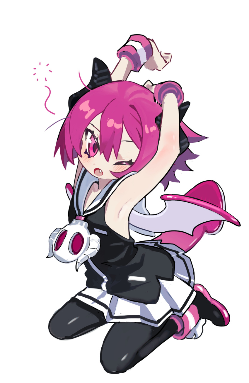 arms_up bat_wings blush demon_girl demon_wings disgaea eyelashes female haiyahaiyohai highres horns kneeling looking_at_viewer makai_senki_disgaea_3 oerba_yun_fang one_eye_closed open_mouth pantyhose petite pink_eyes pink_hair pink_wrist_cuffs pointy_ears raspberyl sailor_collar school_uniform shirt short_hair skirt skull_ornament sleeveless sleeveless_shirt solo stretching tail white_background white_sailor_collar wings wrist_cuffs yawning