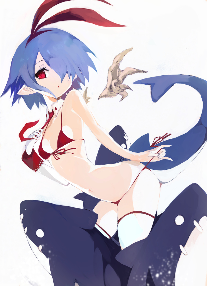 bare_shoulders bikini blue_hair breasts commentary_request demon_girl detached_wings disgaea eyelashes female fins fish_tail hair_over_one_eye hair_ribbon hairband highres kakuwashi looking_at_viewer makai_senki_disgaea navel pleinair pointy_ears red_bikini red_eyes ribbon shark short_hair simple_background slit_pupils small_breasts solo stuffed_animal stuffed_shark stuffed_toy swimsuit tail white_background wings