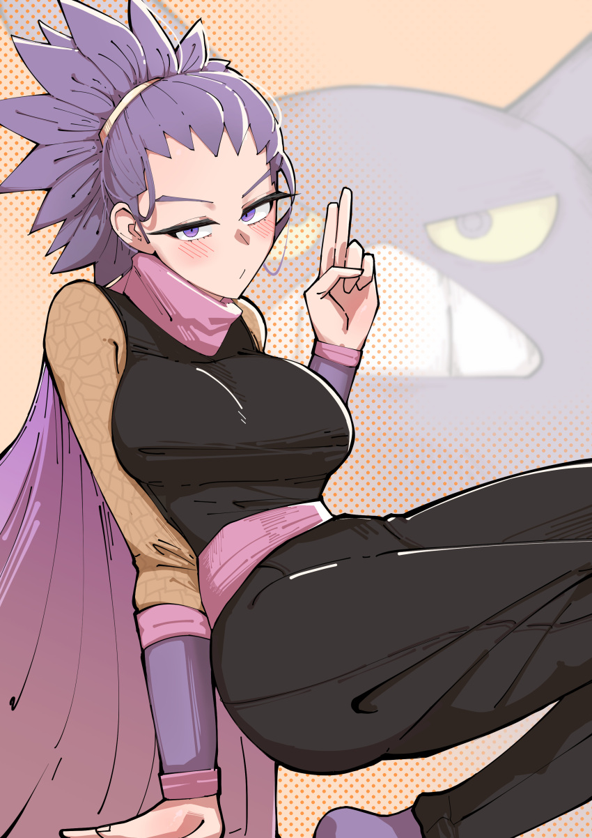 absurdres azz0422 black_pants blush breasts cape closed_mouth commentary crobat english_commentary female highres janine_(pokemon) large_breasts ninja pants pokemon pokemon_hgss purple_cape purple_eyes purple_hair spiked_hair