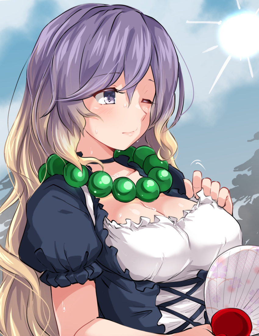 bead_necklace beads blonde_hair breasts cleavage cross-laced_clothes female gradient_hair hand_fan highres hijiri_byakuren huyusilver jewelry long_hair multicolored_hair necklace one_eye_closed outdoors puffy_short_sleeves puffy_sleeves purple_eyes purple_hair short_sleeves solo sun sweat touhou upper_body