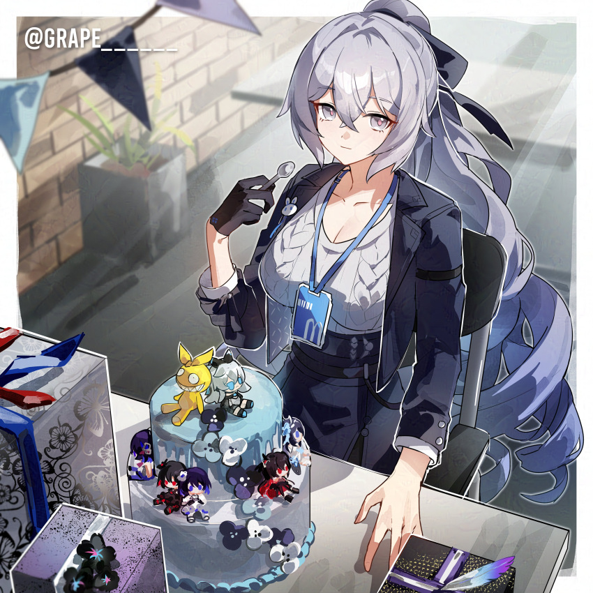 absurdres birthday birthday_cake black_jacket black_skirt blue_hair box breasts bronya_zaychik bronya_zaychik_(outstanding_attitude) bronya_zaychik_(silverwing:_n-ex) cake chair cleavage closed_mouth commentary drill_hair english_commentary female flower food gift gift_box gradient_hair grape_(pixiv27523889) grey_eyes grey_hair hair_between_eyes highres holding holding_spoon homu_(honkai_impact) honkai_(series) honkai_impact_3rd id_card jacket large_breasts layer_cake long_hair long_sleeves looking_at_viewer multicolored_hair office_lady official_alternate_costume ponytail second-party_source seele_(alter_ego) seele_vollerei seele_vollerei_(herrscher_of_rebirth) seele_vollerei_(stygian_nymph) seele_vollerei_(swallowtail_phantasm) sitting skirt solo spoon sweater