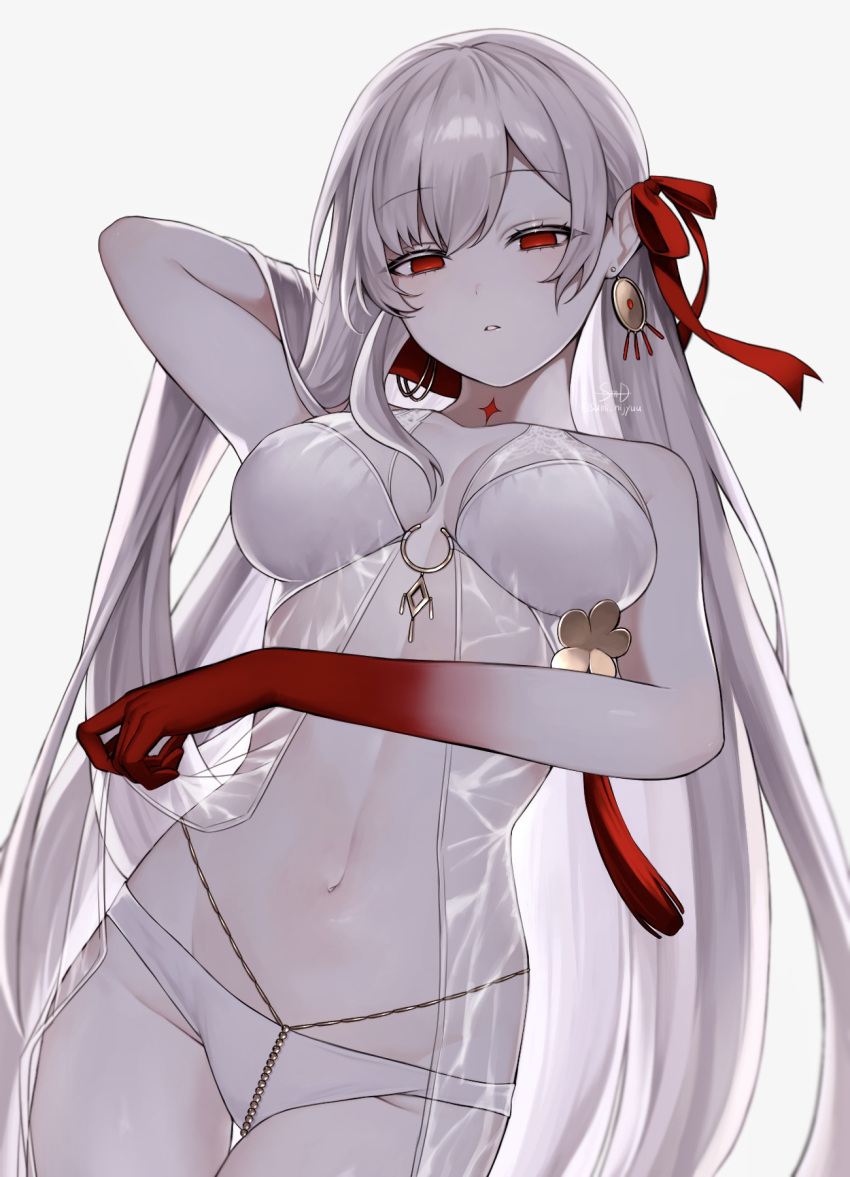 babydoll bare_shoulders bikini body_markings bracelet breasts cleavage colored_extremities durga_(fate) durga_(with_the_moon)_(fate) earrings fate/grand_order fate_(series) female gradient_skin grey_hair hair_ribbon highres jewelry large_breasts long_hair looking_at_viewer red_eyes red_hands ribbon solo sumi_(gfgf_045) swimsuit tassel thighs very_long_hair white_bikini