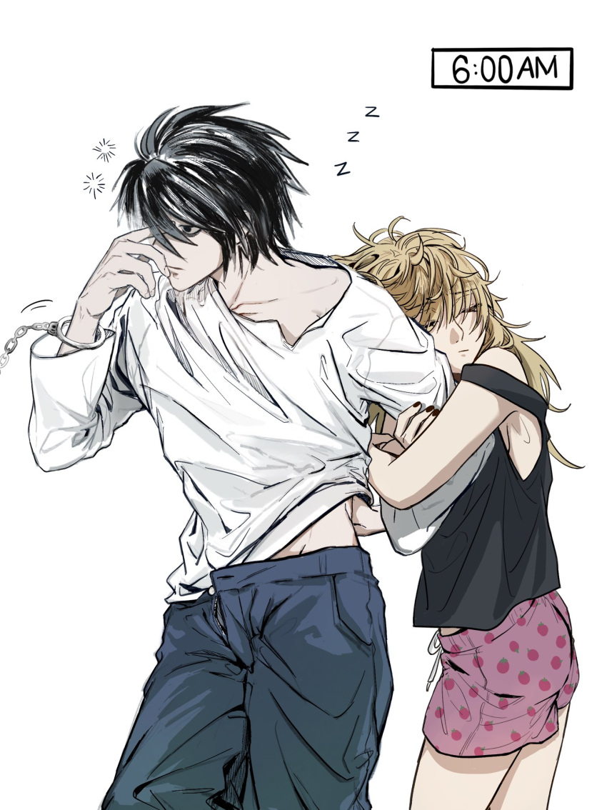 1boy amane_misa bags_under_eyes black_hair black_tank_top blonde_hair blue_pants closed_eyes cuffs death_note female hair_between_eyes hand_on_own_face handcuffs highres holding_another's_arm l_(death_note) long_hair long_sleeves midriff_peek pants print_shorts rubbing_eyes shirleyzhang041 shirt short_hair shorts strap_slip tank_top upper_body white_background white_shirt zzz