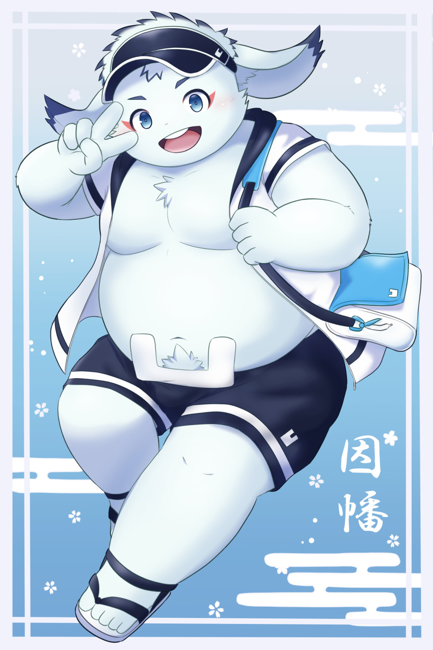 2:3 absurd_res anthro belly blue_body blue_clothing blue_eyes blue_fur blush bottomwear clothing footwear fur gulf_rp hat headgear headwear hi_res inaba_(tamacolle) male moobs navel overweight sandals shoes shorts solo swimwear tamacolle visor_cap