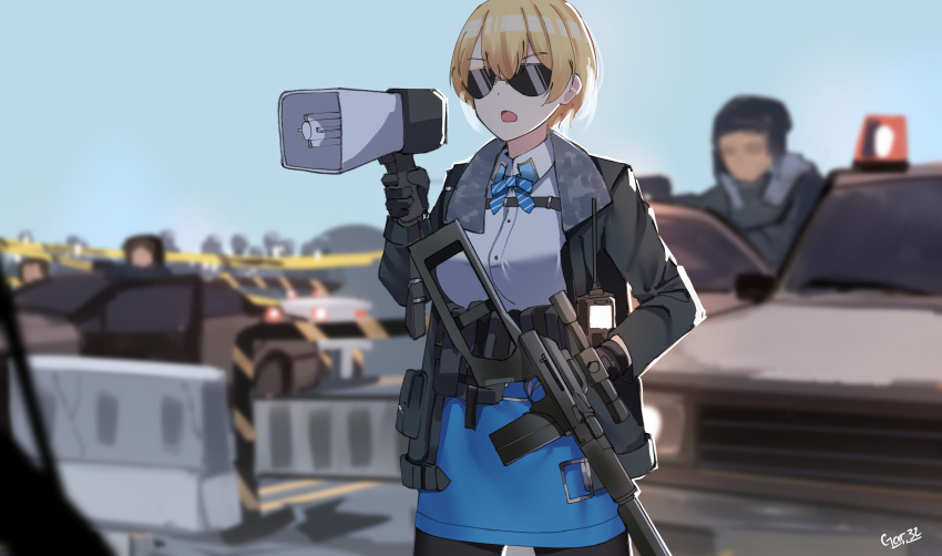 3boys absurdres barricade black_gloves black_jacket black_pantyhose blonde_hair blue_skirt blurry blurry_background breasts car collared_shirt commentary cowboy_shot day depth_of_field dress_shirt english_commentary female gar32 girls'_frontline gloves gun hair_between_eyes hand_up highres holding holding_megaphone jacket jersey_barrier long_sleeves medium_breasts megaphone motor_vehicle multiple_boys name_connection object_namesake open_clothes open_jacket open_mouth outdoors pantyhose police_car rifle scope shirt skirt solo_focus standing sunglasses vsk-94 vsk-94_(girls'_frontline) walkie-talkie weapon white_shirt