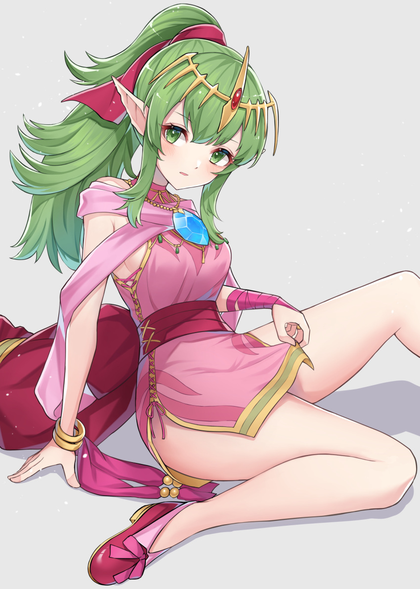 absurdres breasts cosplay dress female fire_emblem fire_emblem_awakening fire_emblem_heroes green_hair hako_momiji highres long_hair medium_breasts official_alternate_costume pink_dress pointy_ears ponytail short_dress simple_background solo tiara tiki_(adult)_(fated_divinity)_(fire_emblem) tiki_(adult)_(fire_emblem) tiki_(fire_emblem) tiki_(young)_(fire_emblem) tiki_(young)_(fire_emblem)_(cosplay) white_background