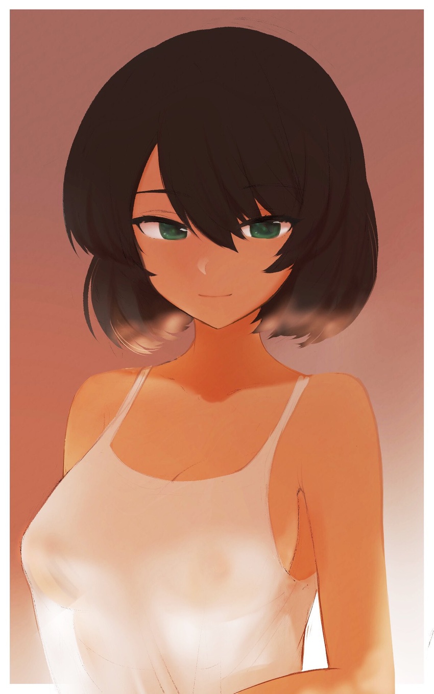 bad_id bad_twitter_id bob_cut breasts brown_background brown_hair closed_mouth commentary dark-skinned_female dark_skin emirio_(emirio110) female girls_und_panzer green_eyes highres hoshino_(girls_und_panzer) large_breasts looking_at_viewer mechanic no_bra see-through shirt short_hair simple_background smile solo tank_top upper_body white_shirt