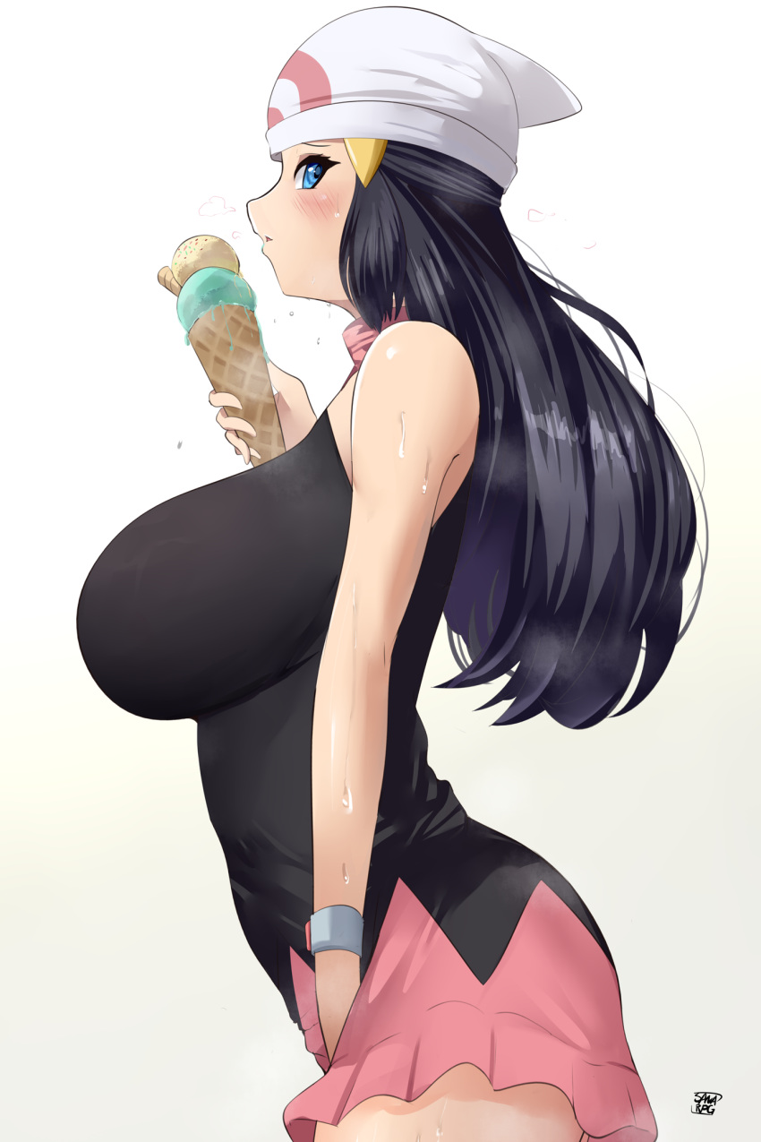 alternate_breast_size artist_name bad_anatomy beanie blue_eyes blue_hair blush breasts commentary_request dawn_(pokemon) female food from_side hair_ornament hairclip hat highres huge_breasts ice_cream ice_cream_cone long_hair miniskirt pokemon pokemon_dppt sana!rpg shirt simple_background skirt sleeveless sleeveless_shirt solo sweat white_hat