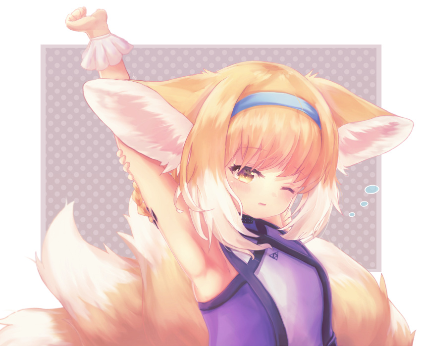 animal_ear_fluff animal_ears arknights arm_behind_head arms_up bad_id bad_pixiv_id blonde_hair blue_hairband blush braid braided_hair_rings brown_eyes chrocatz commentary_request female fox_ears fox_girl fox_tail hair_rings hairband highres infection_monitor_(arknights) kitsune material_growth multicolored_hair oripathy_lesion_(arknights) parted_lips polka_dot polka_dot_background sidelocks solo stretching suzuran_(arknights) tail tail_raised two-tone_hair white_hair wrist_cuffs