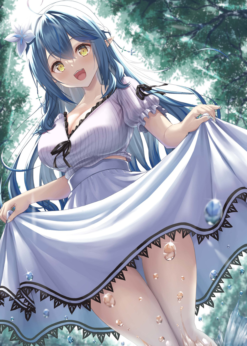 :d absurdres ahoge alternate_costume blue_hair braid breasts bubble cleavage clothes_lift collarbone commentary dress female fingernails flower hair_between_eyes hair_flower hair_ornament heart heart_ahoge highres hololive large_breasts long_hair long_skirt looking_at_viewer open_mouth pointy_ears skirt skirt_hold smile snowflake_hair_ornament solo teeth thighs tree uehiro upper_teeth_only virtual_youtuber water white_nails white_skirt yellow_eyes yukihana_lamy