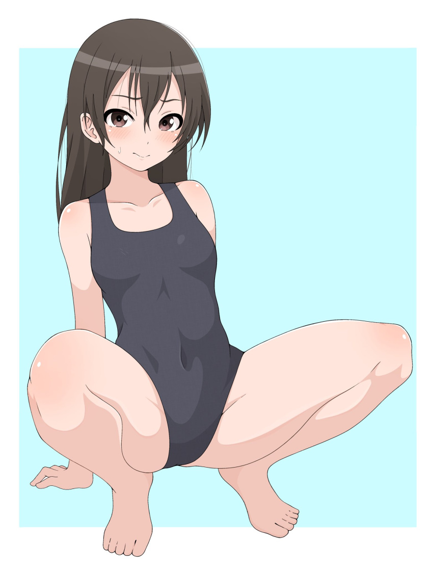 aqua_background barefoot black_hair black_one-piece_swimsuit brown_eyes collarbone commentary_request female flat_chest full_body highres ito_kashiwamochi long_hair looking_at_viewer one-piece_swimsuit original school_swimsuit simple_background solo squatting swimsuit two-tone_background white_background