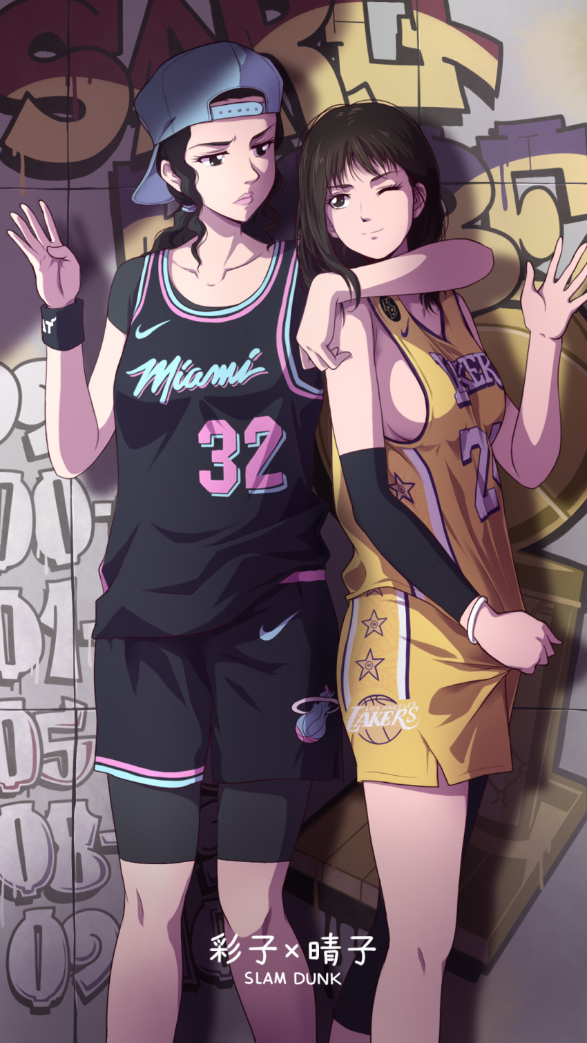 2girls akagi_haruko ayako_(slam_dunk) backwards_hat baseball_cap basketball_jersey basketball_uniform black_eyes black_hair bracelet breasts brown_eyes brown_hair character_name collarbone commentary cosplay curly_hair elbow_sleeve english_text graffiti hat highres jewelry kobe_bryant kobe_bryant_(cosplay) laofuzi_dai_bansho long_hair los_angeles_lakers md5_mismatch medium_breasts miami_heat multiple_girls national_basketball_association no_bra one_eye_closed ponytail shaquille_o'neal shaquille_o'neal_(cosplay) short_sleeves shorts sideboob sidelocks slam_dunk_(series) sleeveless sportswear standing wristband