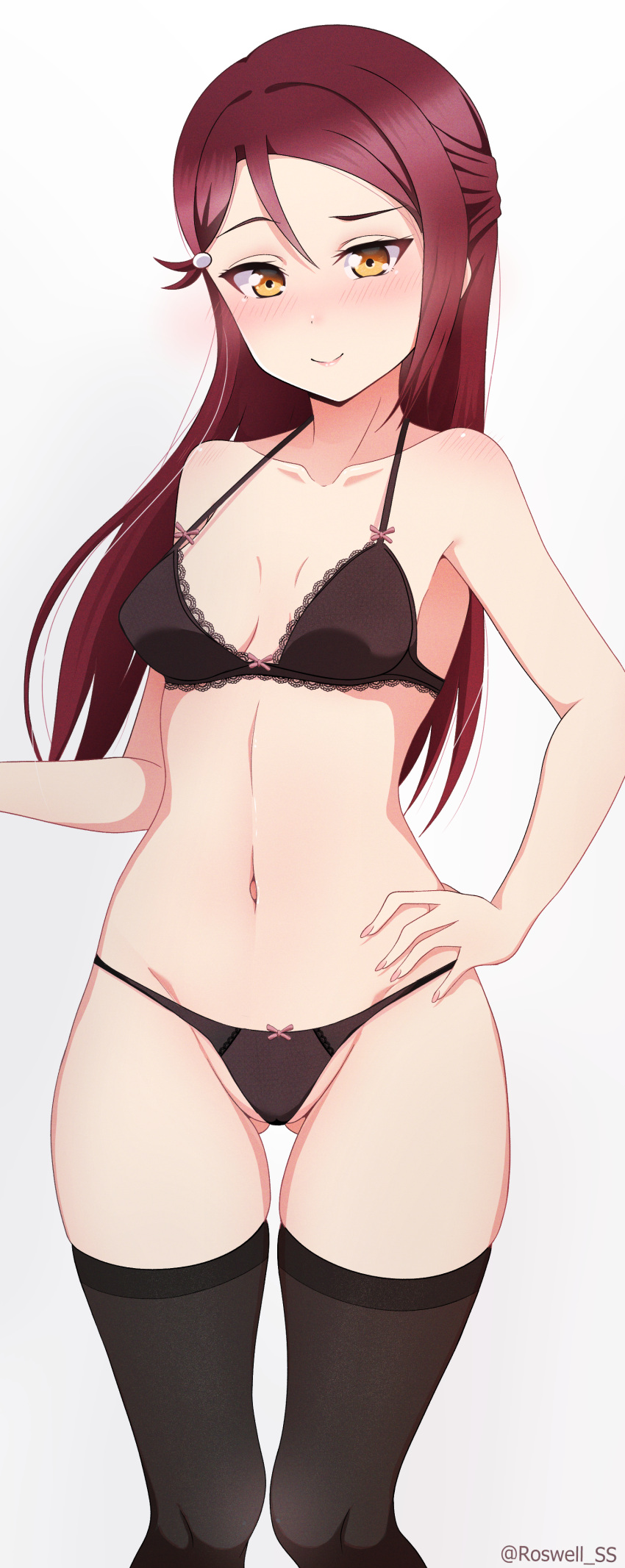 absurdres ass_visible_through_thighs black_bra black_panties black_thighhighs blush bow bow_bra bow_panties bra breasts closed_mouth commentary english_commentary female grey_background groin hair_ornament hand_on_own_hip highres lace-trimmed_bra lace_trim long_hair looking_at_viewer love_live! love_live!_sunshine!! medium_breasts panties red_hair roswell_ss sakurauchi_riko simple_background skindentation smile solo standing string_panties swept_bangs thighhighs twitter_username underwear underwear_only yellow_eyes