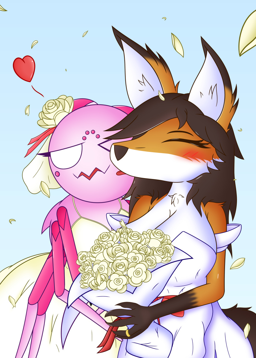 absurd_res anthro arachnid arthropod big_breasts blush bouquet breasts canid canine clothing digit_ring dress duo female female/female feral flower flower_bouquet fox fur hair heart_symbol hi_res jewelry karie karie_(karie) kumoko licking long_hair male mammal multi_eye pink_body plant ring simple_background so_i'm_a_spider_so_what? spider tongue tongue_out wedding_dress wedding_ring