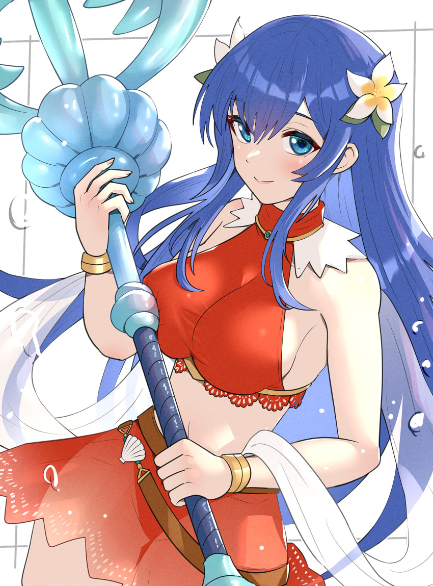 absurdres bad_id bad_twitter_id blue_eyes blue_hair blush breasts caeda_(fire_emblem) caeda_(summer)_(fire_emblem) female fire_emblem fire_emblem:_mystery_of_the_emblem fire_emblem_heroes flower gonzarez highres large_breasts long_hair looking_at_viewer simple_background smile solo swimsuit weapon