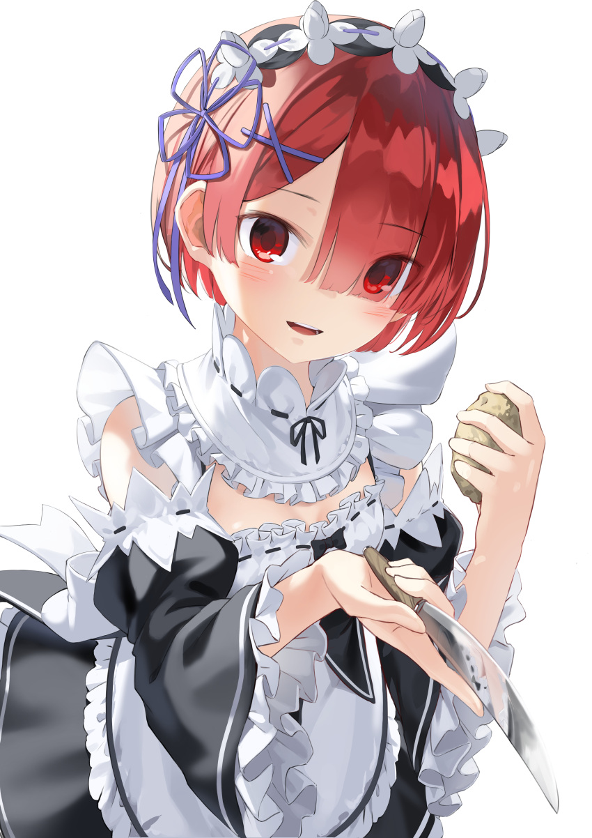 absurdres apron black_dress black_ribbon black_sleeves commentary_request detached_sleeves dress eyes_visible_through_hair female flower_knot food frilled_dress frills hair_ornament hair_ribbon highres holding holding_food holding_knife kimyo knife looking_at_viewer maid neck_ribbon open_mouth potato ram_(re:zero) re:zero_kara_hajimeru_isekai_seikatsu red_eyes red_hair ribbon ribbon-trimmed_collar ribbon-trimmed_dress ribbon_trim roswaal_mansion_maid_uniform short_hair simple_background solo teeth upper_teeth_only white_apron white_background white_dress x_hair_ornament