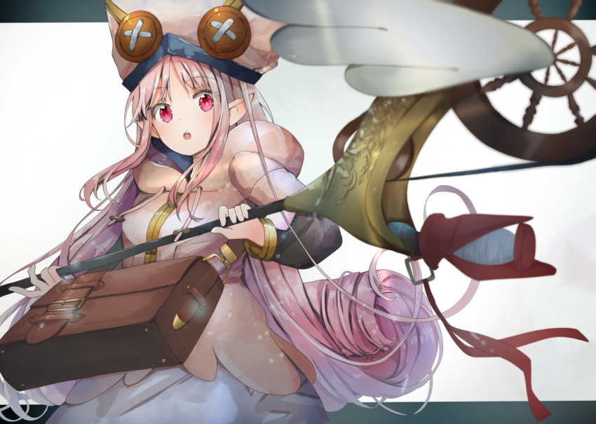 ameshiki bag fate/grand_order fate_(series) female habetrot_(fate) hat hood long_hair pink_eyes pink_hair pointy_ears satchel solo spinning_wheel spool staff