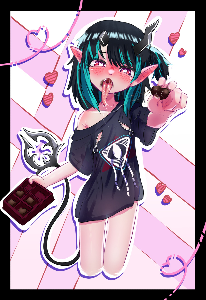 absurdres black_border black_hair black_shirt blue_hair blush border box bright_pupils candy chocolate commentary_request cropped_legs demon_girl demon_horns demon_tail ear_blush eye_of_providence feet_out_of_frame female flat_chest food hair_between_eyes heart heart-shaped_chocolate heart-shaped_pupils highres holding holding_box holding_chocolate holding_food horns incoming_food indirect_kiss long_tongue looking_at_viewer medium_hair multicolored_hair nanashi_inc. nose_blush oerba_yun_fang off_shoulder official_alternate_costume one_side_up open_mouth pointy_ears red_eyes rgm_jesta saliva saliva_trail shirt shishio_chris shishio_chris_(3rd_costume) short_sleeves solo sugar_lyric symbol-shaped_pupils tail tongue two-tone_hair valentine virtual_youtuber white_pupils zipper