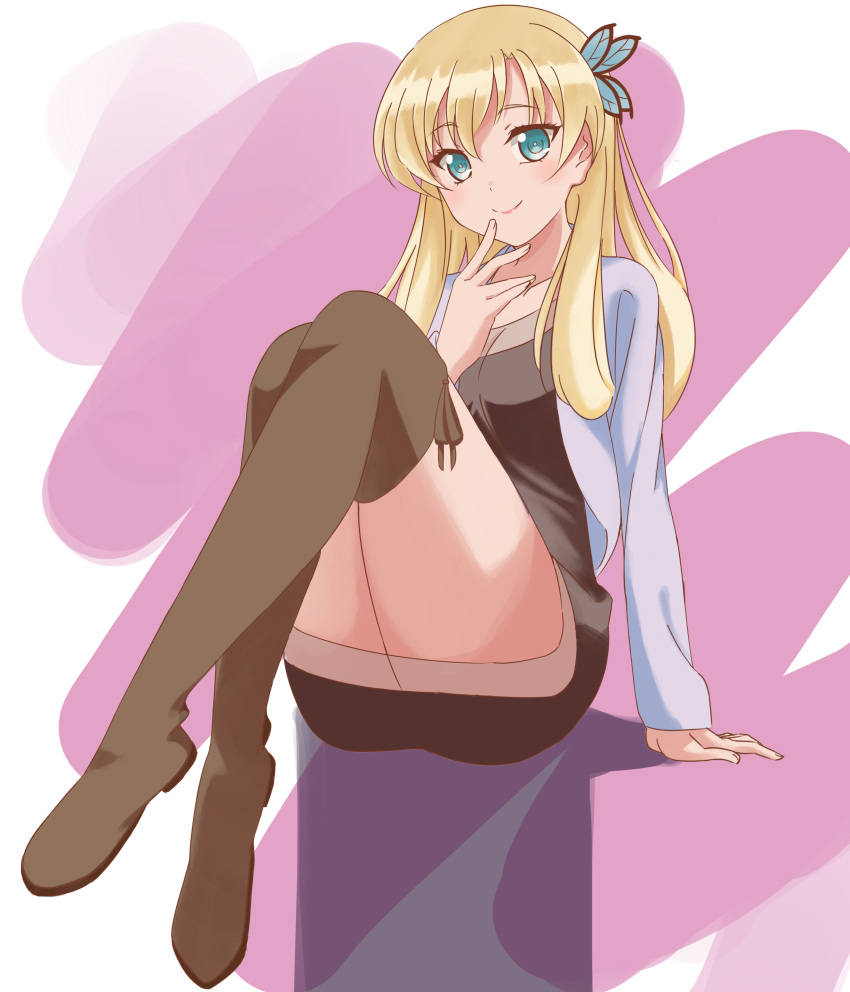 absurdres blonde_hair boku_wa_tomodachi_ga_sukunai boots butterfly_hair_ornament female green_eyes hair_ornament hairpin highres kashiwazaki_sena long_hair meme_tesshin solo thigh_boots thighhighs