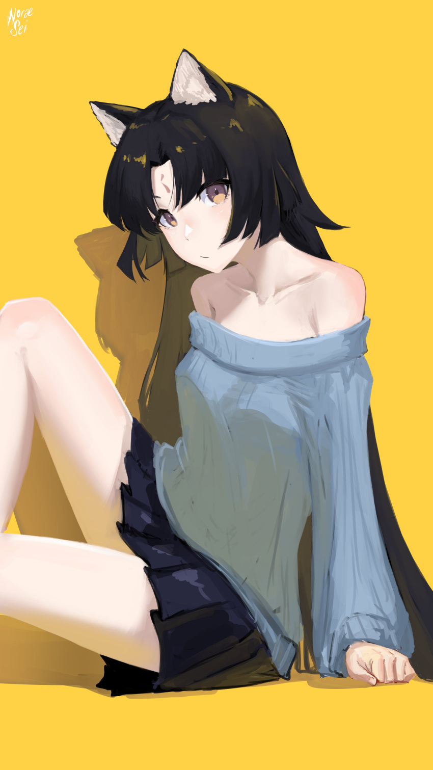 absurdres animal_ear_fluff animal_ears arknights bare_shoulders black_hair black_skirt brown_eyes closed_mouth collarbone commentary_request dog_ears facial_mark feet_out_of_frame female forehead_mark grey_sweater highres knee_up long_hair long_sleeves noraesei off-shoulder_sweater off_shoulder parted_bangs puffy_long_sleeves puffy_sleeves saga_(arknights) shadow signature simple_background skirt sleeves_past_wrists solo sweater very_long_hair yellow_background