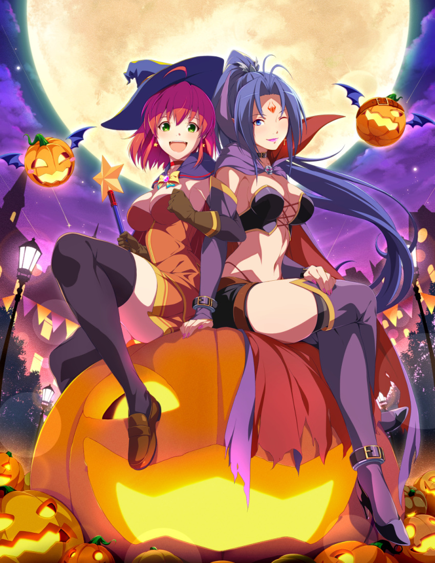 2girls alice_wishheart bat_wings black_choker black_footwear black_gloves black_legwear black_panties black_shorts blue_eyes blue_hair bow breasts bridal_gauntlets brown_footwear brown_gloves building cape choker closed_mouth cloud cloudy_sky crop_top crossed_legs dress earrings elbow_gloves facial_mark forehead_mark full_moon gloves green_hair hair_ornament halloween hat high_heels highleg highleg_panties highres holding holding_wand jack-o'-lantern jewelry lamppost large_breasts layered_gloves lens_flare lipstick loafers locked_arms long_hair looking_at_viewer magical_halloween makeup medium_breasts moon multiple_girls nail_polish night night_sky open_mouth oversized_object panties parted_bangs ponytail purple_cape purple_legwear purple_lips purple_nails purple_sky qwel_08 red_cape red_choker red_dress red_hair rosemary_bergamot shoes shooting_star short_dress short_shorts shorts sitting sky smile star_(sky) star_(symbol) star_earrings starry_sky strapless strapless_dress thighhighs torn_cape torn_clothes two-sided_cape two-sided_fabric underwear very_long_hair wand wings witch_hat yellow_bow