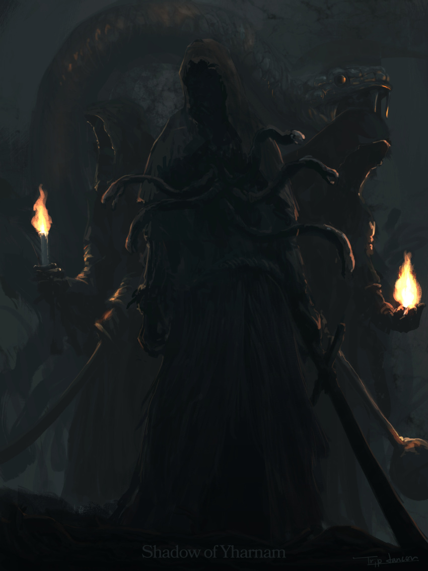 3others animal black_cloak bloodborne candle cloak commentary copyright_name dark facing_viewer fire giant_snake highres holding holding_candle holding_sword holding_weapon monster multiple_others outdoors oversized_animal scenery shadow_of_yharnam snake sword torch tripdancer weapon