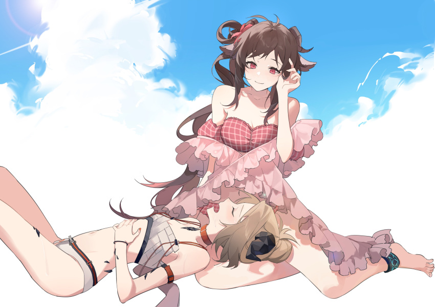 2girls absurdres arknights azure_silan bare_shoulders barefoot bikini blue_sky breasts brown_hair cleavage closed_eyes closed_mouth cloud cloudy_sky day detached_sleeves eyjafjalla_(arknights) eyjafjalla_(summer_flower)_(arknights) hand_up highres horns ifrit_(arknights) ifrit_(sunburn)_(arknights) knees_up lap_pillow long_hair lying medium_breasts multiple_girls navel on_back open_mouth outdoors puffy_short_sleeves puffy_sleeves red_bikini red_eyes red_sleeves short_sleeves sitting sky small_breasts smile swimsuit very_long_hair white_bikini yokozuwari