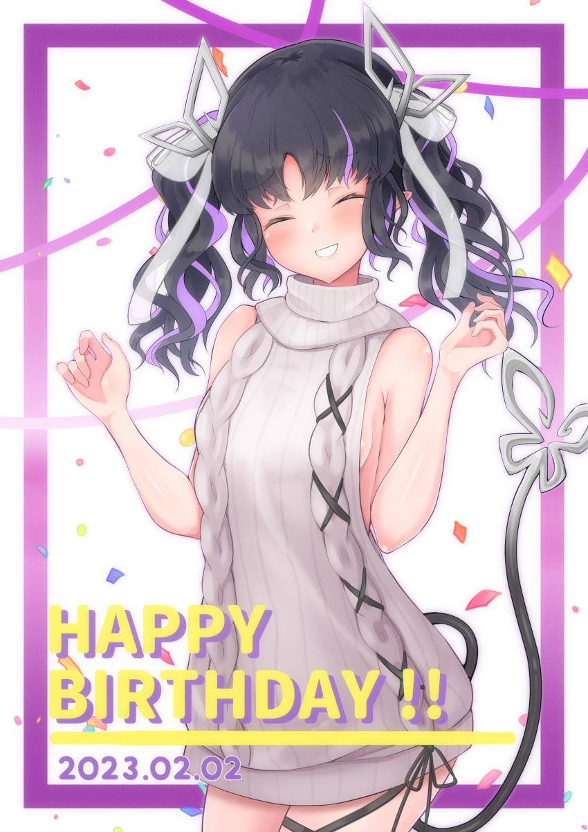 absurdres aran_sweater black_hair black_ribbon blush breasts cable_knit closed_eyes commentary_request confetti cowboy_shot dated demon_girl demon_horns demon_tail dress female grey_sweater grin happy_birthday highres horns kojo_anna kojo_anna_(3rd_costume) leg_ribbon long_hair medium_breasts meme_attire multicolored_hair nanashi_inc. official_alternate_costume pointy_ears purple_hair ribbed_sweater ribbon robou_no_stone sideboob smile solo sweater sweater_dress tail turtleneck turtleneck_sweater twintails two-tone_hair virgin_killer_sweater virtual_youtuber