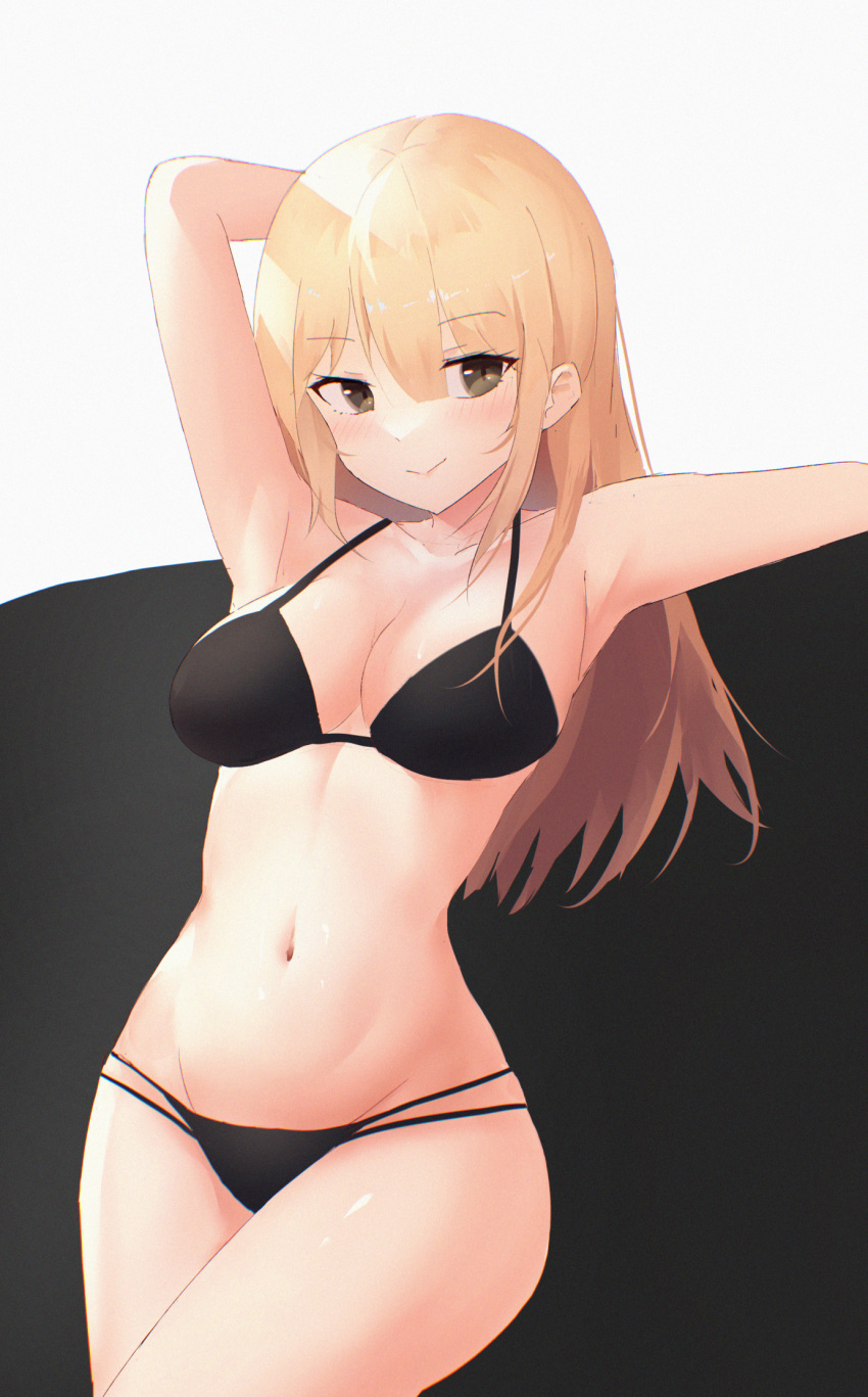 arm_up armpits bare_arms bare_shoulders bikini black_bikini black_eyes blonde_hair breasts cleavage collarbone danraz0r female highres long_hair looking_at_viewer medium_breasts multi-strapped_bikini navel original outstretched_arm smile solo stomach string_bikini swimsuit thighs