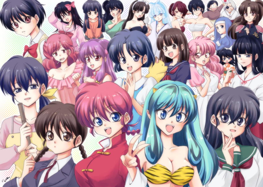 1_pound_no_fukuin 6+girls ageha_(kyoukai_no_rinne) animal_print annotated apron arm_behind_head arm_up artist_name bare_shoulders benten_(urusei_yatsura) bikini black_eyes black_hair blue_eyes blue_headwear bob_cut braid breasts broom chinese_clothes cigarette cleavage cone_horns creator_connection double_bun fujinami_ryuunosuke fur_bikini fuurinkan_high_school_uniform green_hair habit hair_bun hair_ribbon half-closed_eyes highres higurashi_kagome holding holding_broom horns ichinose_hanae inuyasha jacket japanese_clothes kaede_(inuyasha) kiba_nanoka kikyou_(inuyasha) kimono kitsune_(kyoukai_no_rinne) kunou_kodachi kuonji_ukyou kyoukai_no_rinne large_breasts laughing long_hair long_sleeves low_ponytail low_twin_braids low_twintails lum maison_ikkoku mamiya_sakura mana_(ningyo_series) mao_(takahashi_rumiko) medium_hair miyake_shinobu multiple_girls ningyo_series nun oerba_yun_fang open_mouth otonashi_kyouko own_hands_together oyuki_(urusei_yatsura) pink_eyes pink_hair pink_shirt print_bikini purple_eyes purple_hair ran_(urusei_yatsura) ranma-chan ranma_1/2 red_eyes red_hair red_jacket ribbon rin_(inuyasha) roppongi_akemi sango_(inuyasha) sarashi school_uniform shampoo_(ranma_1/2) shirt short_hair signature sister_angela smile strapless strapless_bikini swimsuit takahashi_rumiko_(style) tangzhuang tendou_akane tiger_print twin_braids twintails uehara_doh urusei_yatsura v yellow_apron yellow_bikini yellow_ribbon