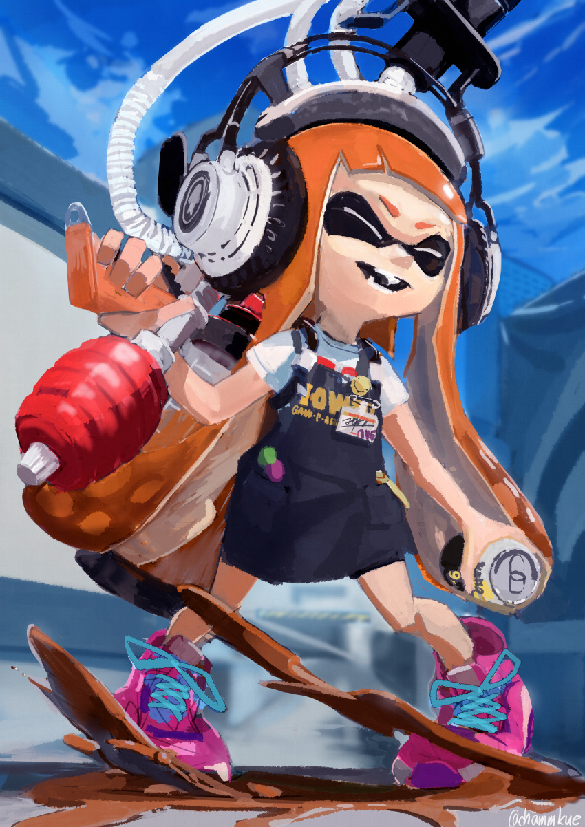 :d ^_^ absurdres apron badge bike_shorts black_apron blue_sky button_badge can chamu_(chammkue) closed_eyes cloud day female goo_tuber_(splatoon) headphones highres holding holding_can ink_tank_(splatoon) inkling inkling_girl inkling_player_character legs_apart long_hair open_mouth orange_hair outdoors paint pen pigeon-toed pink_footwear pocket safety_pin shirt shoelaces shoes short_sleeves sky smile smiley_face sneakers solo splatoon_(series) splatoon_2 standing suction_cups t-shirt teeth tentacle_hair twitter_username very_long_hair white_shirt