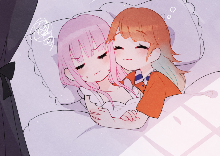 2girls :3 ^_^ absurdres alternate_costume bed bed_sheet blush cheek-to-cheek closed_eyes commentary_request cuddling heads_together highres hololive hololive_english long_hair mori_calliope multiple_girls neru_(flareuptf1) orange_hair pajamas pillow pink_hair sleeping sleepwear squiggle takanashi_kiara virtual_youtuber yuri