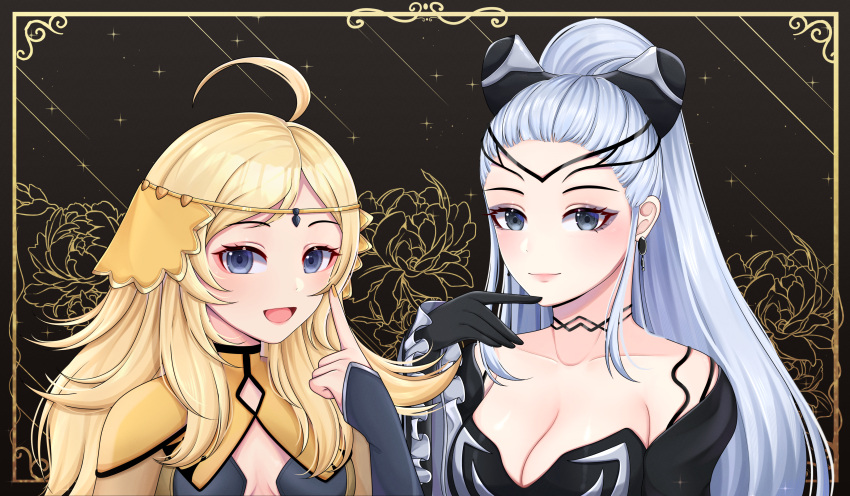 2girls absurdres asymmetrical_bangs blonde_hair breasts choker circlet cleavage commission commissioner_upload eir_(fire_emblem) fire_emblem fire_emblem_fates fire_emblem_heroes gloves grey_eyes highres kyoamity large_breasts long_hair looking_at_viewer multiple_girls nail_polish open_mouth ophelia_(fire_emblem) ponytail small_breasts turtleneck upper_body white_hair yellow_nails