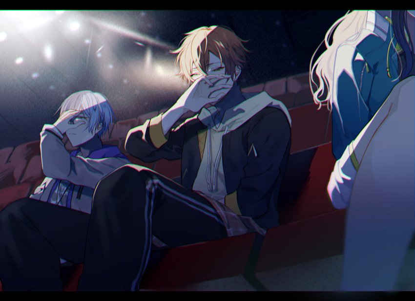 2boys aoyagi_touya blue_eyes chromatic_aberration cinema_(vocaloid) covering_own_eyes covering_own_mouth dark feet_out_of_frame female from_below half-closed_eyes hand_on_own_face hands_up highres jacket_over_hoodie letterboxed long_sleeves male_focus manami_(aph-23) movie_theater multicolored_hair multiple_boys orange_hair out_of_frame project_sekai shaded_face shinonome_akito shiraishi_an short_hair sitting solo_focus split-color_hair two-tone_hair