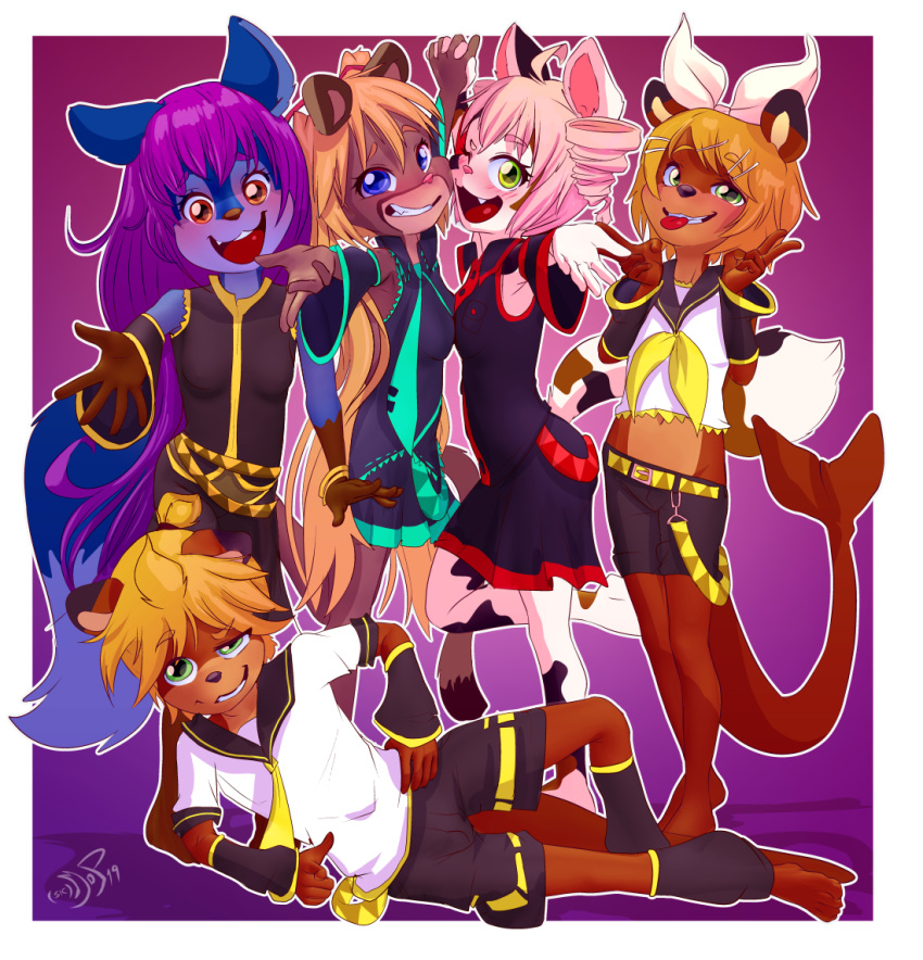 2019 alternative_fashion anthro belt blue_eyes border calico_cat canid canine canis clothed clothing cosplay cougar domestic_cat felid feline felis female fur green_eyes group hair hatsune_miku j-fashion jenny_(ajdurai) kagamine_len kagamine_rin lee_(ajdurai) looking_at_viewer mammal megurine_luka mottled mustelid otter piebald sarah_(nb) selene_blackcat sicmop sierra_(pumapaws) teeth teto_kasane tongue tongue_out vocaloid white_border wolf young young_anthro