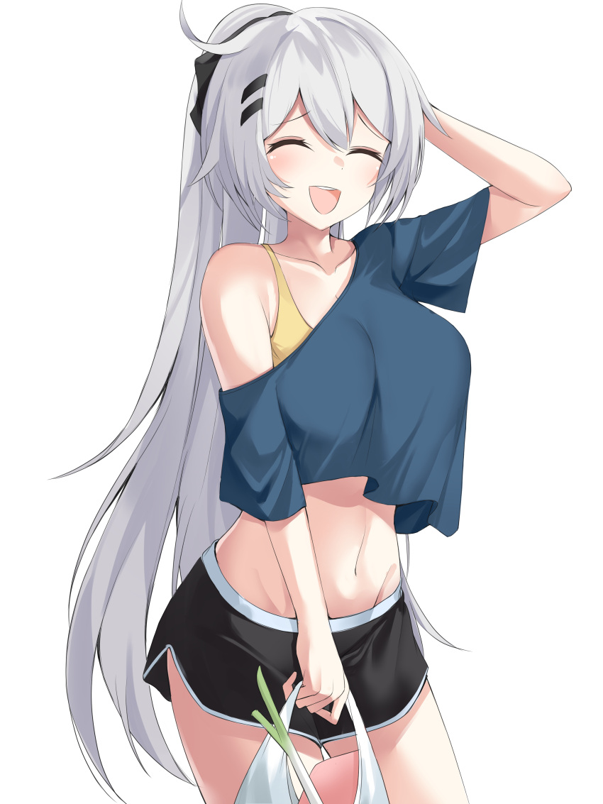 :d absurdres arm_up bag black_shorts blue_shirt breasts casual closed_eyes collarbone dolphin_shorts english_commentary female gr_greeze hair_between_eyes hair_ornament hair_ribbon hairclip highres holding holding_bag honkai_(series) honkai_impact_3rd kiana_kaslana large_breasts laughing navel open_mouth ribbon shirt shorts simple_background smile solo spring_onion standing stomach upper_body white_background white_hair