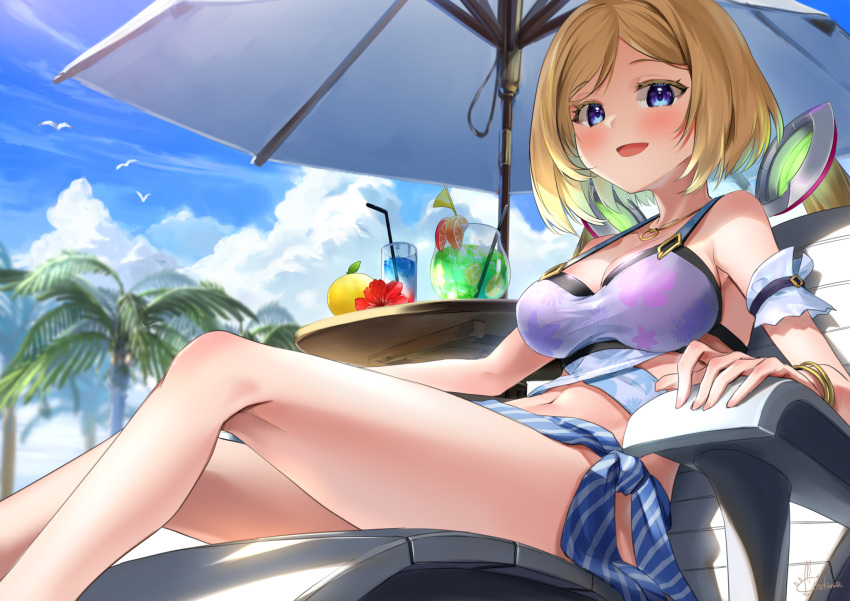 :d aki_rosenthal aki_rosenthal_(hololive_summer_2019) arm_cuffs arm_rest bare_legs bare_shoulders beach_chair beach_umbrella bikini blonde_hair blue_sky blush bob_cut bracelet commentary cup day detached_hair drinking_straw feet_out_of_frame female floral_print flower food fruit highres hololive jewelry kito_koruta legs looking_at_viewer low_twintails midriff navel necklace official_alternate_costume open_mouth orange_(fruit) outdoors palm_tree parted_bangs print_bikini purple_bikini purple_eyes red_flower sarong short_hair signature sitting sky smile solo striped_clothes striped_sarong swimsuit tree tropical_drink twintails umbrella virtual_youtuber