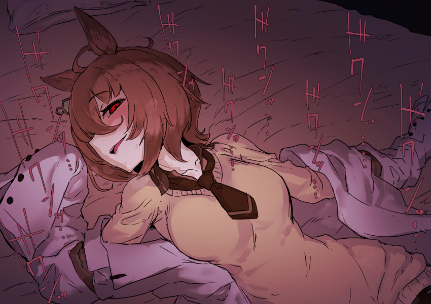 agnes_tachyon_(umamusume) ahoge animal_ears blush brown_necktie brown_sweater evil_grin evil_smile female grin hair_between_eyes half-closed_eyes horse_ears horse_girl lab_coat looking_at_viewer lying necktie on_back on_bed red_eyes short_necktie sleeves_past_fingers sleeves_past_wrists smile solo solopipb sweater umamusume