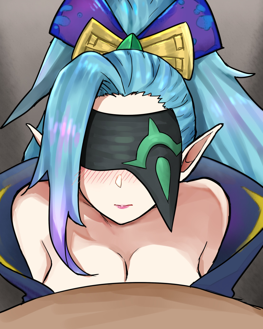 1boy absurdres asymmetrical_bangs bare_shoulders black_blindfold blindfold blush bow breasts cleavage collarbone commentary_request facing_viewer female from_above gradient_background green_hair grey_background hairbow highres league_of_legends long_hair looking_up pointy_ears ponytail pov solo_focus spirit_blossom_vayne straight vayne_(league_of_legends) wei_miao