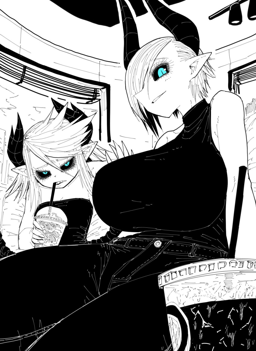 2girls alternate_costume bare_shoulders black_horns black_pants black_sclera blue_eyes border breasts chair colored_sclera cup demon_horns demon_wings denim dolores_(mazohaha) drink drinking_straw drinking_straw_in_mouth highres horns huge_breasts jeans lights limited_palette long_hair looking_at_viewer multiple_girls musuko_ga_kawaikute_shikatanai_mazoku_no_hahaoya official_alternate_costume pants pointy_ears sharp_teeth short_hair siblings sisters sitting smile strapless teeth teresa_(mazohaha) tube_top vase window wings zyugoya