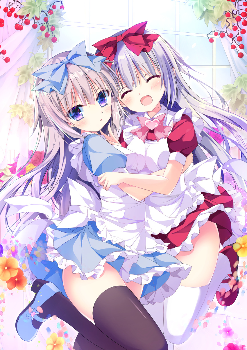 2girls :d :o ^_^ absurdres airi_(alice_or_alice) alice_or_alice apron black_legwear blue_dress blue_footwear blush bow breasts closed_eyes commentary day dress frilled_apron frills grey_hair hair_between_eyes head_tilt heart high_heels highres indoors multiple_girls parted_lips pink_bow puffy_short_sleeves puffy_sleeves purple_eyes red_dress red_footwear rise_(alice_or_alice) shiwasu_horio shoes short_sleeves siblings sisters small_breasts smile thighhighs white_apron white_legwear window