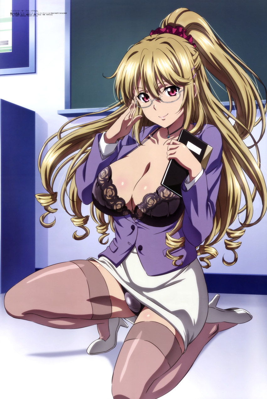 absurdres aiba_asagi black_bra black_panties blonde_hair book bra breasts brown_thighhighs chalkboard classroom cleavage closed_mouth clothes_lift drill_hair female furukawa_hideki glasses hair_between_eyes hair_ornament high_heels highres holding holding_book indoors jacket lace-trimmed_bra lace_trim large_breasts long_hair megami_magazine official_art open_clothes open_shirt panties purple_jacket red_eyes salute scan shelf shirt skirt skirt_lift smile solo squatting strike_the_blood thighhighs underwear white_footwear white_shirt white_skirt