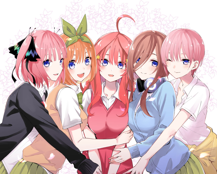 5girls :d absurdres ahoge black_cardigan black_ribbon blue_cardigan blue_eyes blush bow breasts brown_hair butterfly_hair_ornament cardigan closed_mouth clothes_around_waist collared_shirt commentary_request dress_shirt eyebrows_hidden_by_hair floral_background go-toubun_no_hanayome green_bow green_ribbons green_skirt hair_between_eyes hair_ornament hair_over_one_eye hair_ribbon headphones headphones_around_neck highres hug long_hair long_sleeves medium_breasts multiple_girls nakano_ichika nakano_itsuki nakano_miku nakano_nino nakano_yotsuba natsupa open_cardigan open_clothes open_mouth orange_hair photoshop_(medium) pink_hair pleated_skirt quintuplets red_hair ribbon shirt short_hair short_sleeves siblings sisters skirt smile star_(symbol) star_hair_ornament sweater_vest two_side_up white_background white_shirt