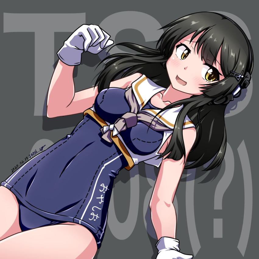 547th_sy black_hair blue_one-piece_swimsuit blush breasts clothes_writing cosplay dated female framed_breasts gloves grey_background hair_ornament hairclip highres i-13_(kancolle) i-13_(kancolle)_(cosplay) kantai_collection long_hair medium_breasts one-piece_swimsuit open_mouth oyashio_(kancolle) sailor_collar school_swimsuit signature simple_background solo swimsuit text_background white_gloves yellow_eyes