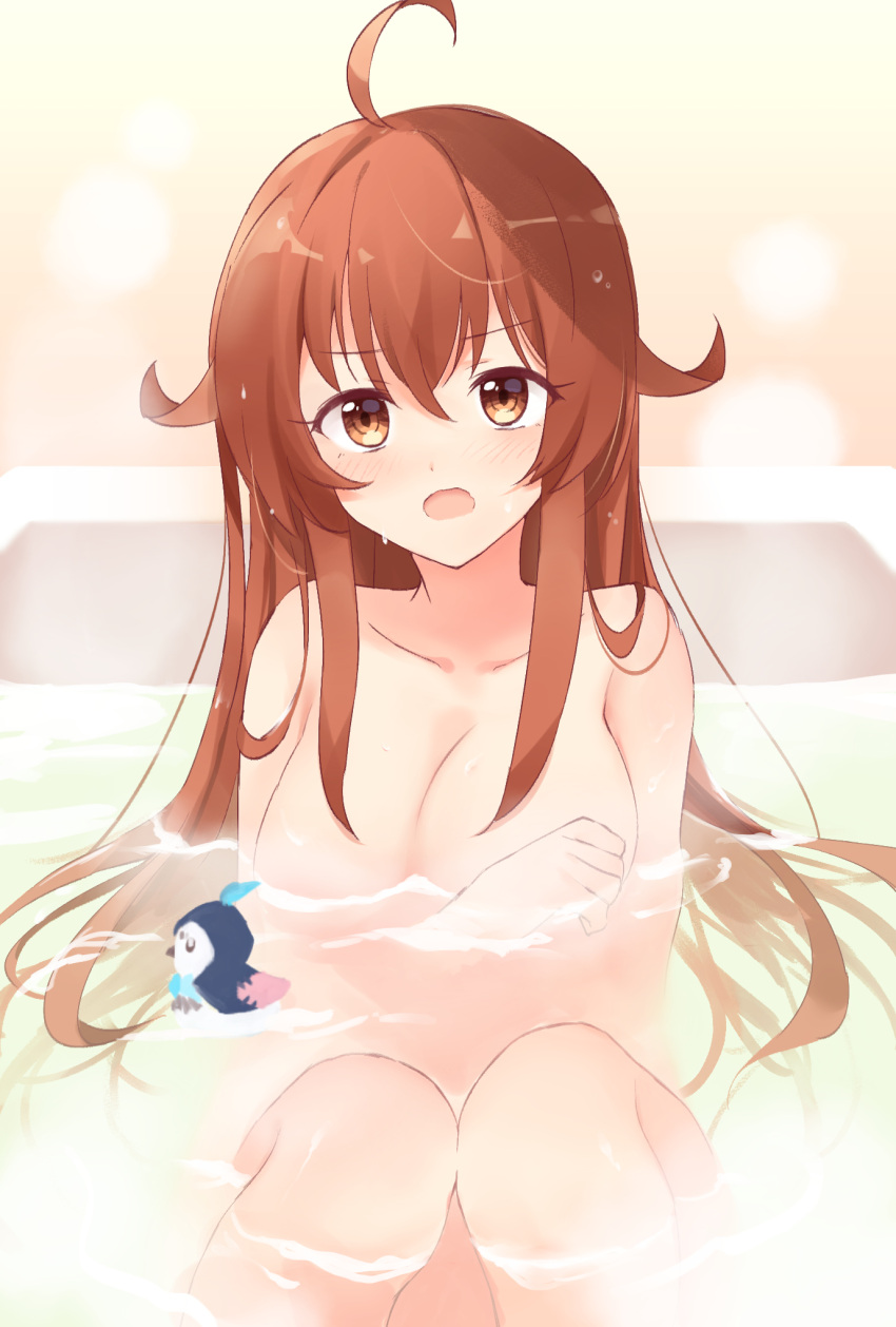 ahoge amamiya_mimori bath bathing bathroom bathtub blush breasts brown_eyes brown_hair collarbone commentary_request female hair_between_eyes highres knees_together_feet_apart knees_up large_breasts long_hair looking_at_viewer nude open_mouth partially_submerged ririka_(ab-yuri) shadowverse_(anime) solo very_long_hair water