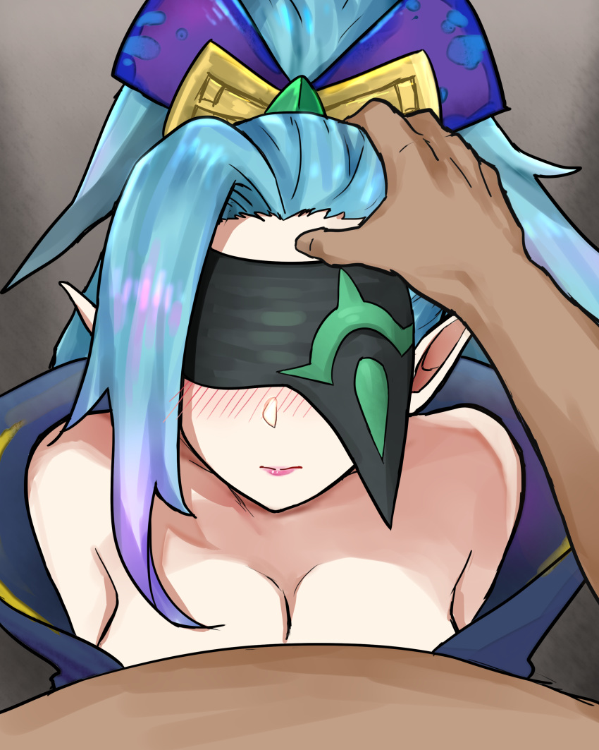 1boy absurdres asymmetrical_bangs bare_shoulders black_blindfold blindfold blush bow breasts cleavage collarbone facing_viewer female from_above gradient_background green_hair grey_background hairbow hand_on_another's_head highres large_breasts league_of_legends long_hair looking_up pointy_ears ponytail pov solo_focus spirit_blossom_vayne straight vayne_(league_of_legends) wei_miao