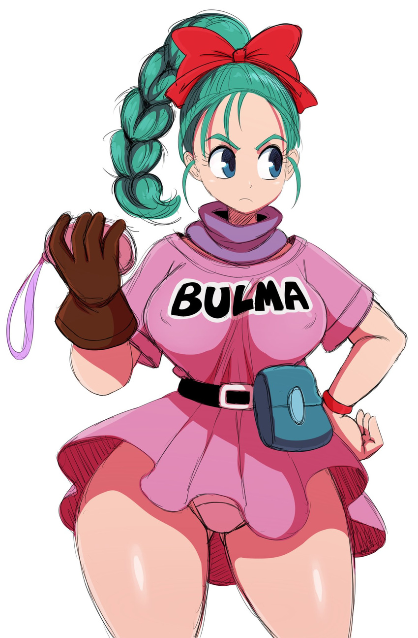 80s bare_legs blue_eyes braid breasts bulma_briefs curvy dragon_ball eric_lowery female female large_breasts long_hair panties pantyshot ponytail shiny_skin shoes side_ponytail smile solo standing