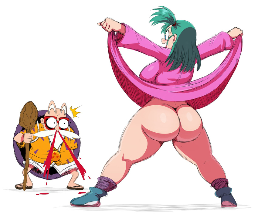 1boy 80s aqua_hair ass bare_legs beasts blood blue_eyes bottomless braid breasts bulma_briefs butt_crack curvy dragon_ball eric_lowery female female huge_ass large_breasts long_hair no_panties old_man pantyshot plump ponytail shiny_skin shoes side_ponytail smile solo spread_legs standing thick_thighs wide_hips