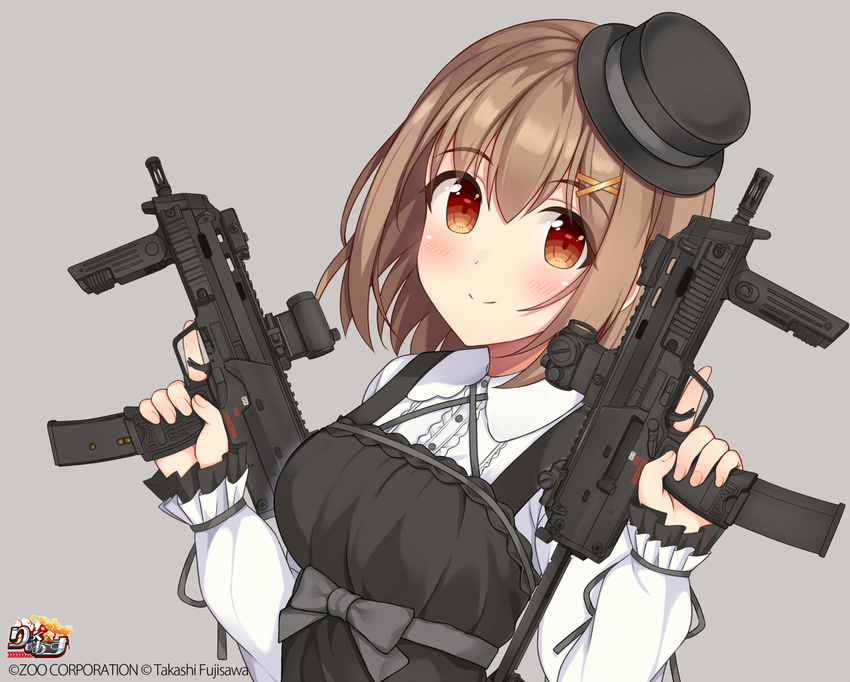 black_bow black_dress black_hat bow breasts buttons center_frills closed_mouth commentary_request dress dual_wielding eyes_visible_through_hair fedora female fingernails frilled_sleeves frills grey_background gun h&k_mp7 hair_ornament hairclip hat heckler_&_koch hiiragi_hazime holding holding_gun holding_weapon kanazawa_karin long_sleeves looking_at_viewer medium_breasts mini_hat pinafore_dress plaid red_eyes rick_g_earth shirt short_hair simple_background sleeveless sleeveless_dress smile solo submachine_gun trigger_discipline upper_body weapon white_shirt x_hair_ornament