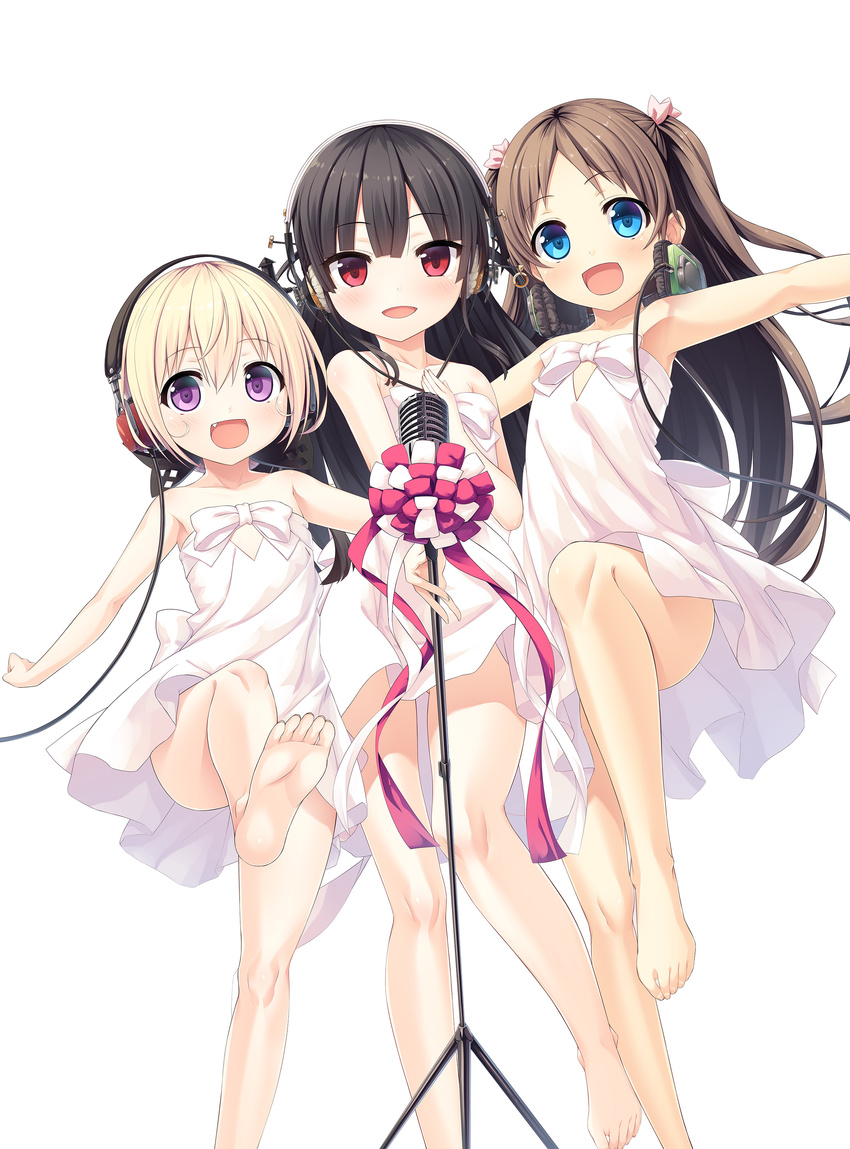 3girls :d absurdres ass_visible_through_thighs bare_legs bare_shoulders barefoot black_bow black_hair blue_eyes blunt_bangs blush bow brown_hair cable collarbone convenient_leg crossover cura dress enty_reward feet flat_chest girl_sandwich gothic_delusion hachiroku_(maitetsu) hair_between_eyes hairbow hand_on_own_chest hand_up hands_up headphones headphones_around_neck highres leg_up legs lo_(gothic_delusion) long_hair long_legs looking_at_viewer maitetsu microphone microphone_stand monobeno multiple_crossover multiple_girls oerba_yun_fang open_mouth outstretched_arms paid_reward photoshop_(medium) pink_bow red_eyes red_ribbon ribbon sandwiched sawai_natsuha short_hair simple_background smile soles spread_arms standing standing_on_one_leg strapless strapless_dress toes two_side_up white_background white_bow white_dress